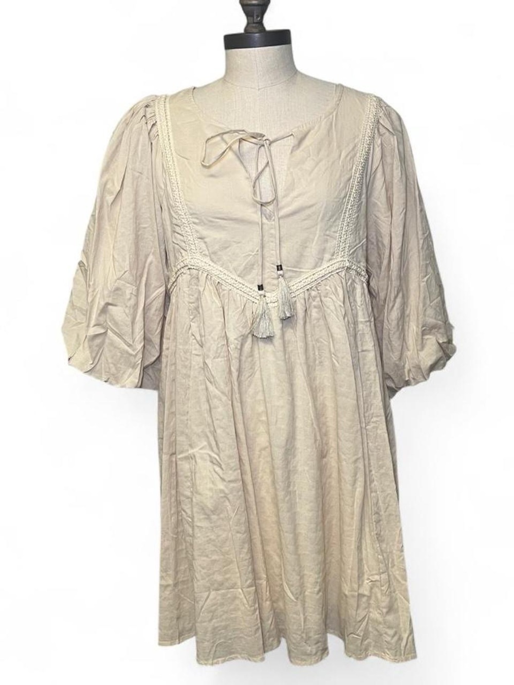 By Together nude/off-white Tie-Front Puff Sleeve Mini Dress